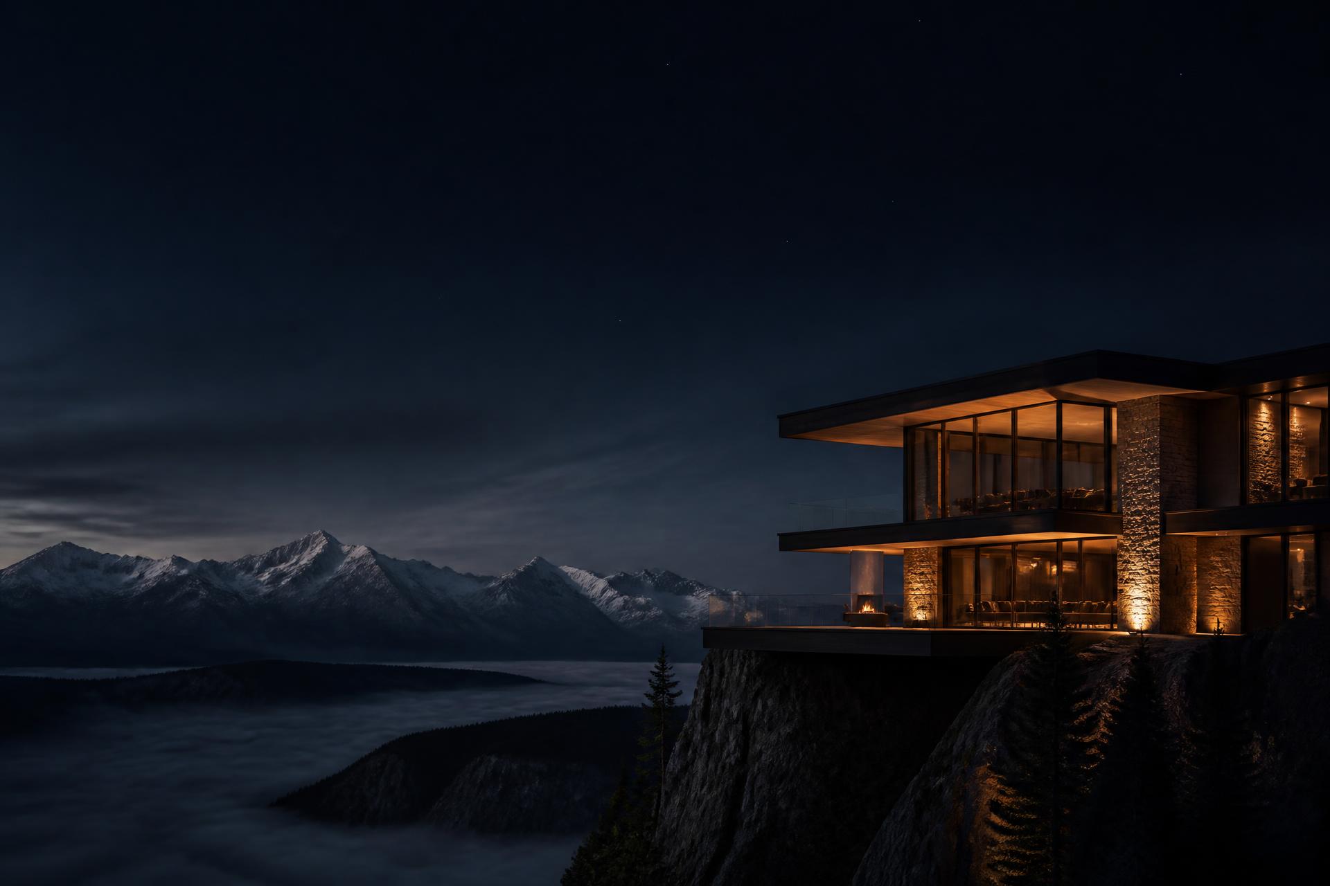 Luxury modern home at night overlooking the Canadian Rockies